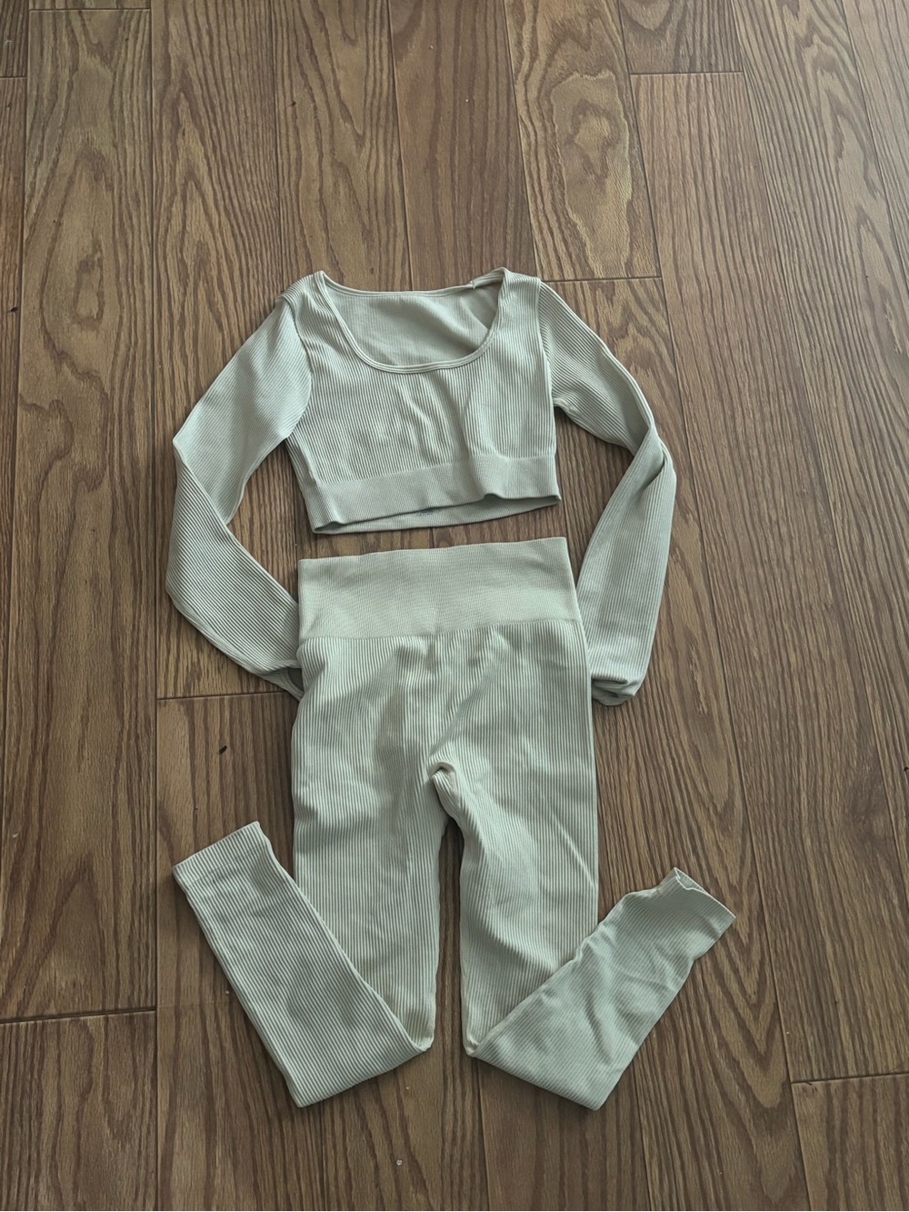 SHEIN Sage Ribbed Seamless Leggings and Long Sleeve Crop Top Set